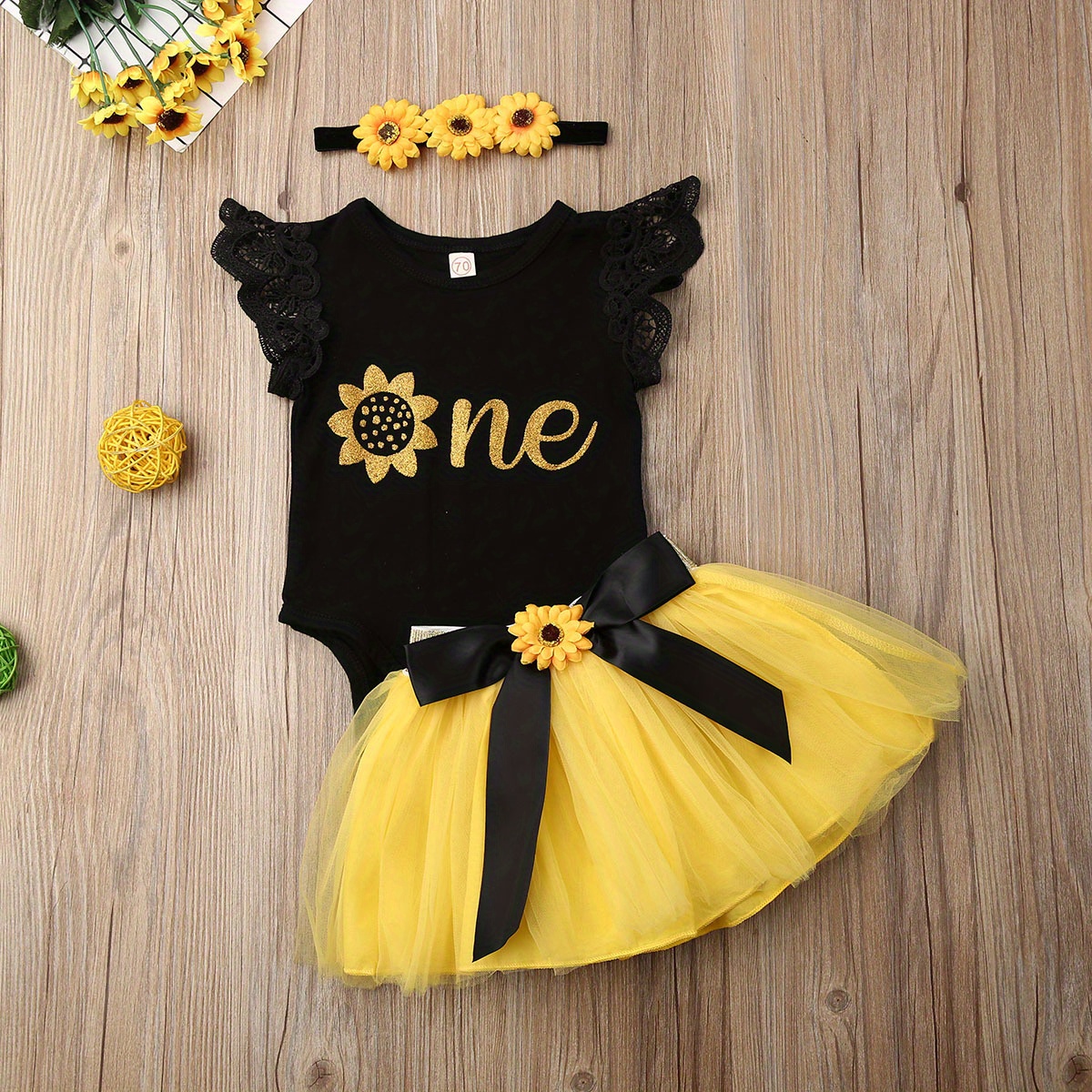 

3 Pcs Baby Girls Clothes Set, Flying Sleeves Alphabet Print Romper + Sunflower Mesh Tutu Skirt + Flower Headband