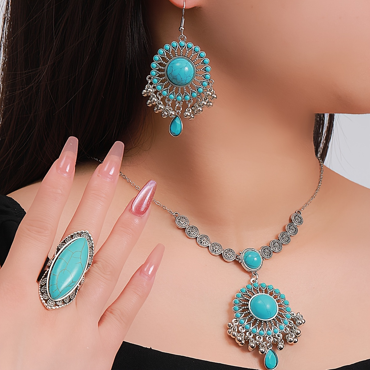 

3pcs Set Vintage Turquoise Jewelry Set - Timeless Elegance With Handcrafted Necklace, Earrings & Ring - Bohemian Charm For A Statement Look