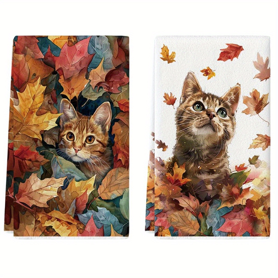 TEMU 2-pack Vintage Style Cartoon Cat Kitchen Towels - Polyester Knit Fabric, Patterned Hand Wash Only, 16x24 Inch - Autumn Cat Dish Cloths For