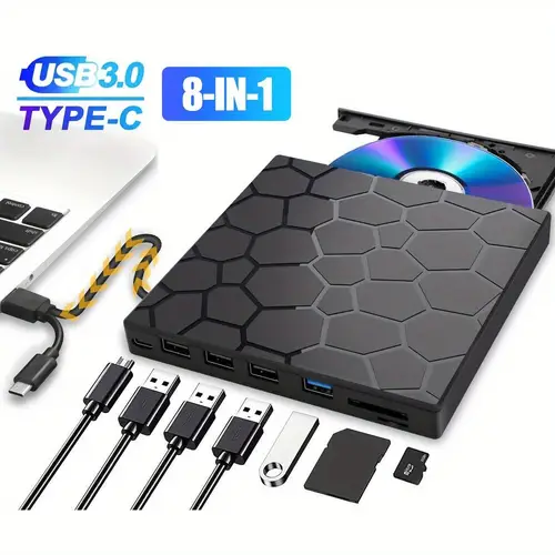 ultra external usb 3 0 dvd burner drive with type c 4 usb ports 2 sd card slots cd dvd rom rw optical drive for pc 10 8 7 os versatile data transfer modern laptop accessory performance