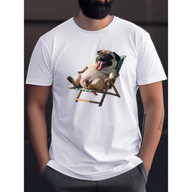 

Pug Dog Beach Print Short Sleeved T-shirt, Casual Comfy Versatile Tee Top, Men's Everyday Spring/summer Clothing