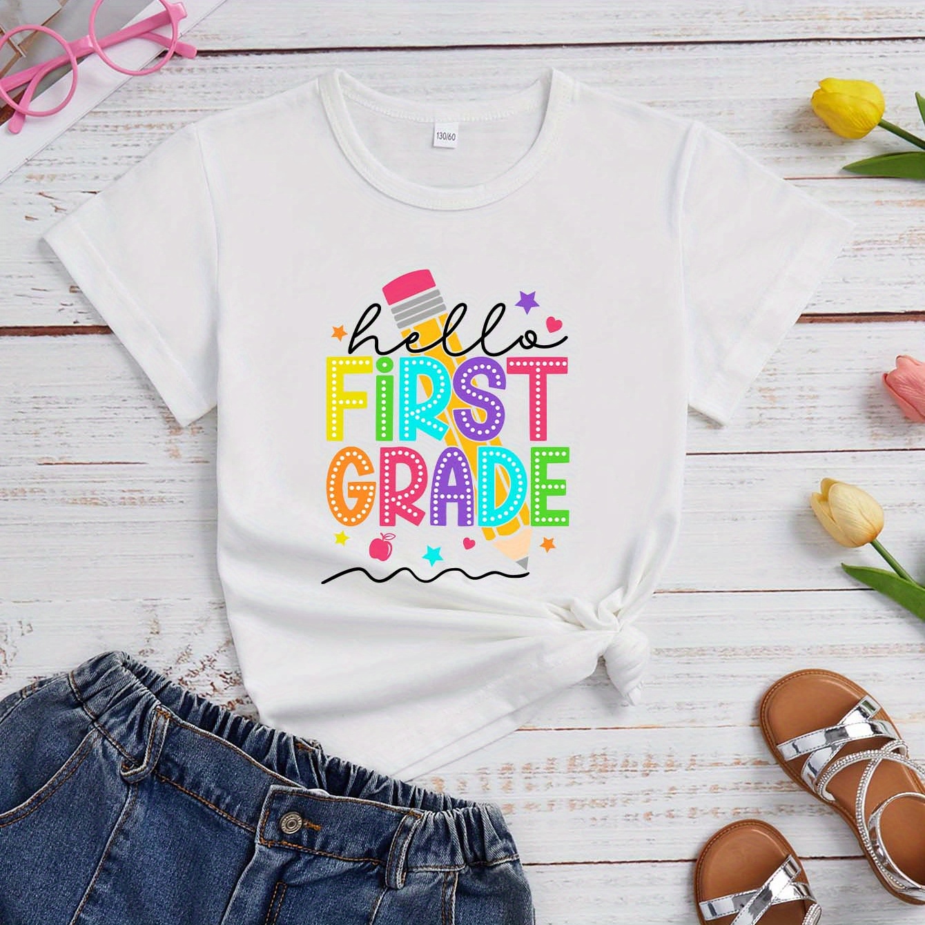 

First Grade Print Girl's Casual Short Sleeve Crew Neck T-shirt For Kids, Soft Cotton Blend, Machine Washable, Summer & Spring Fashion