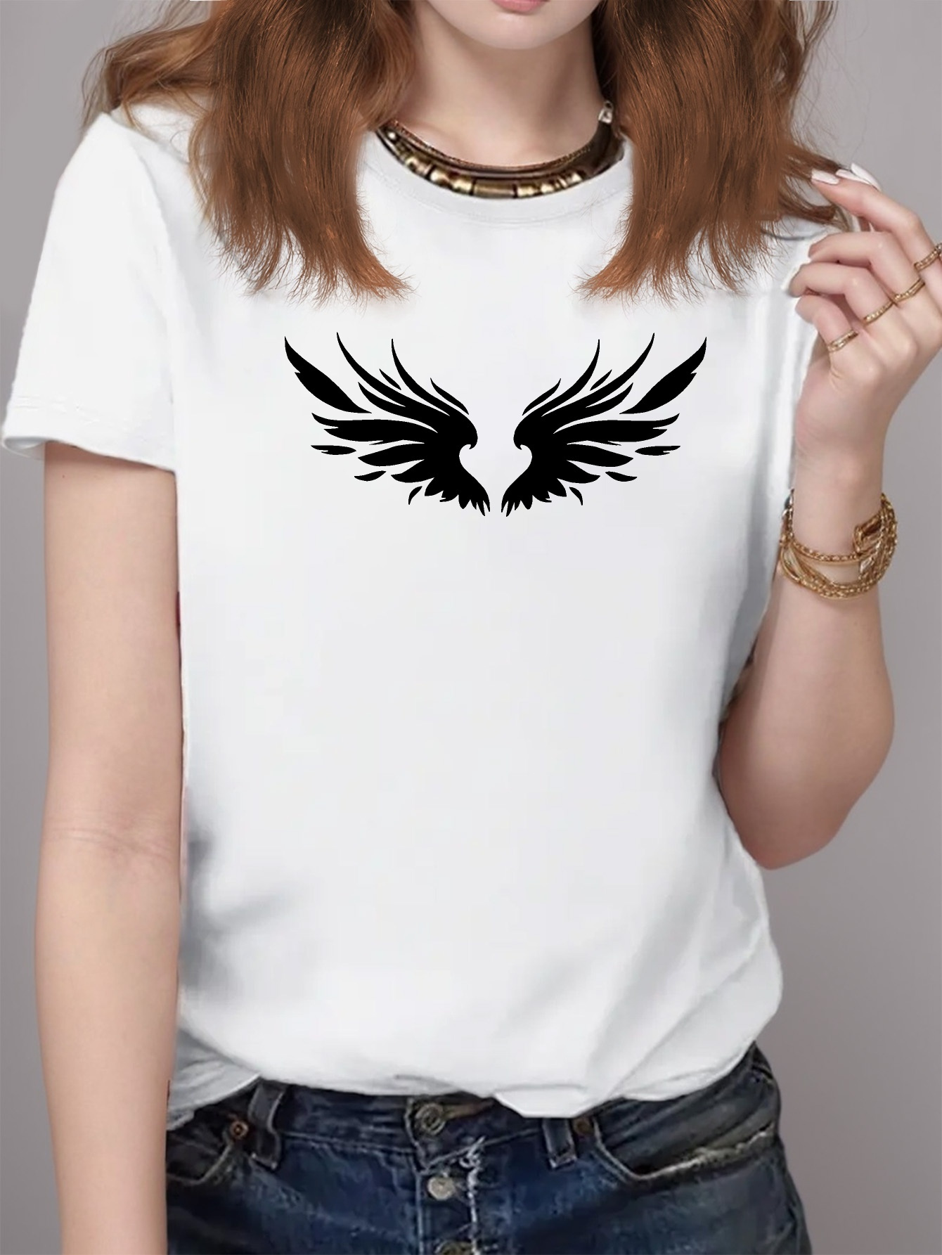 angel wings print scoop neck t shirt casual short sleeve t