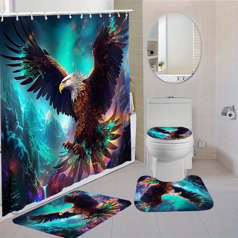 

Eagle Majesty Bathroom Set: 1pc/4pcs Waterproof Shower Curtain With 12 Hooks, Toilet Seat Covers, And Non-slip Bath Mats - Polyester Fabric, Washable, And Durable