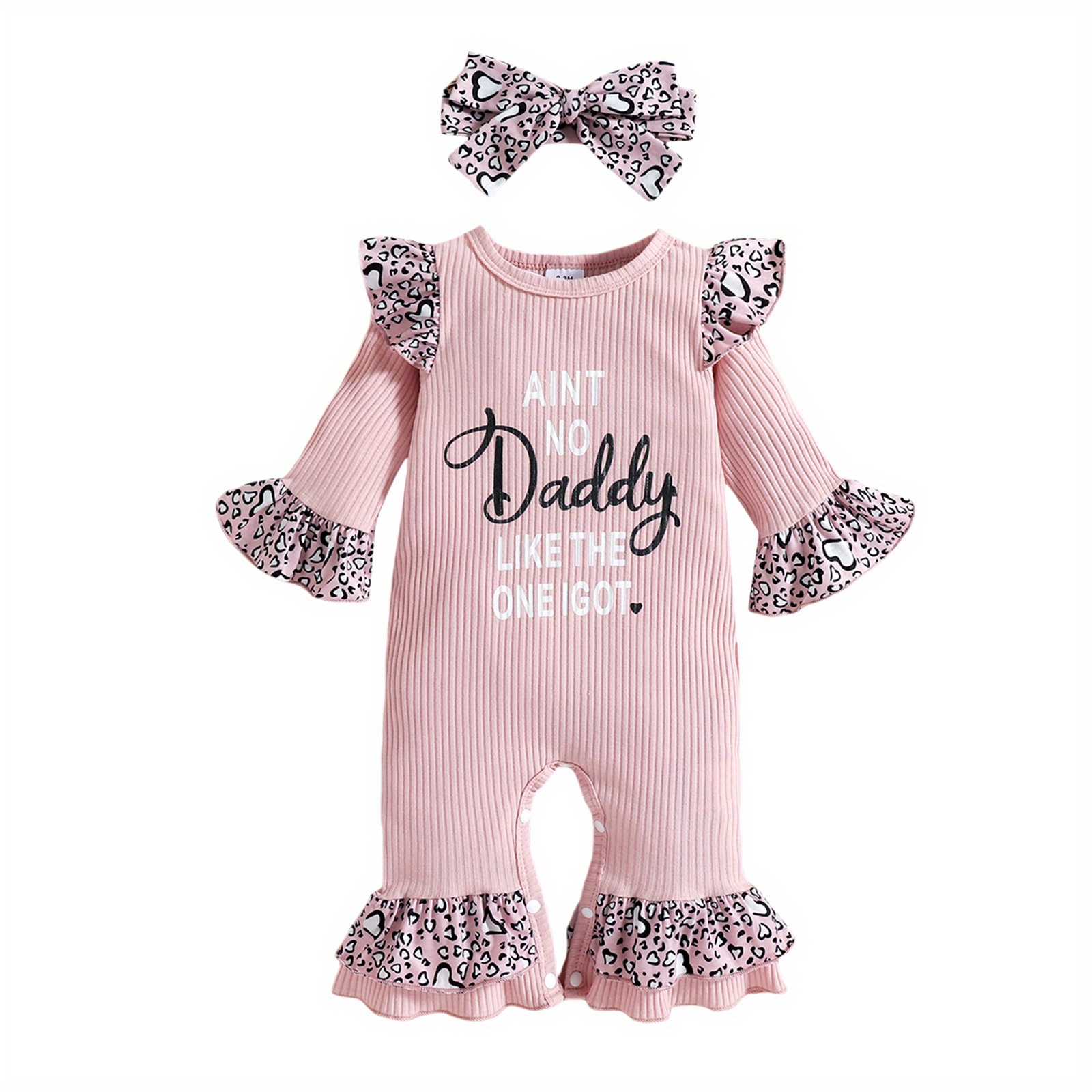 

0-18m , Letter Leopard Print O-neck Flare Sleeves Jumpsuit And Headband For Toddlers, 0-18 Months