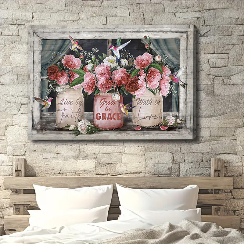 

1pc Framed Farmhouse Canvas Wall Art Rustic Wall Decor Flower Mason Jar Hummingbird Pictures Painting Prints Framed Decor Country Home Artwork For Bedroom Bathroom Living Living Room