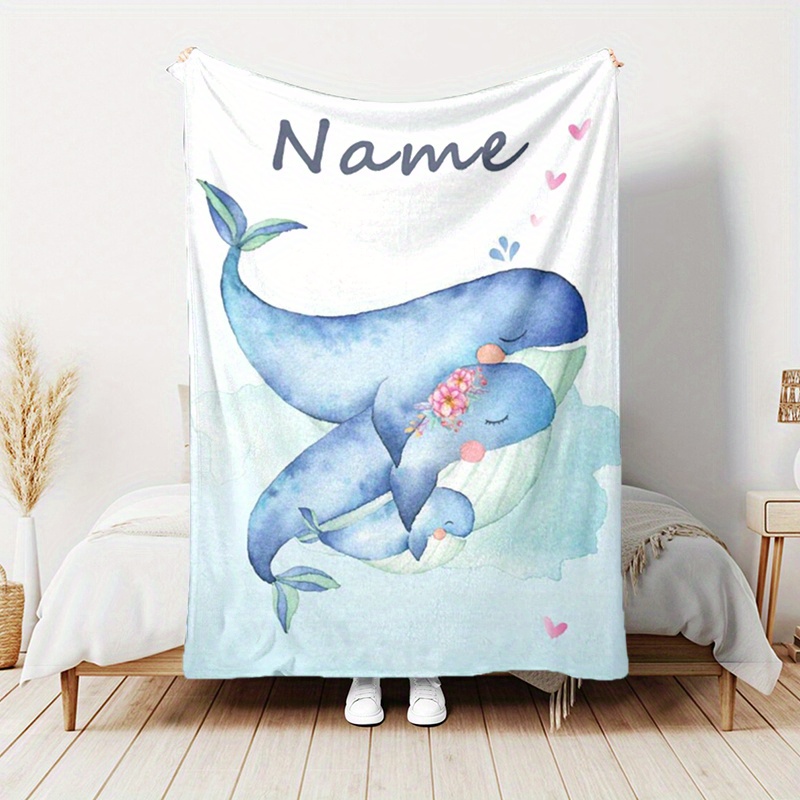 

Personalized Whale Family Throw Blanket With Custom Name - Cozy Polyester Chunky Knit Blanket For Travel, All-season Lightweight Sofa Throw, Machine Washable, Unique Birthday Gift Idea