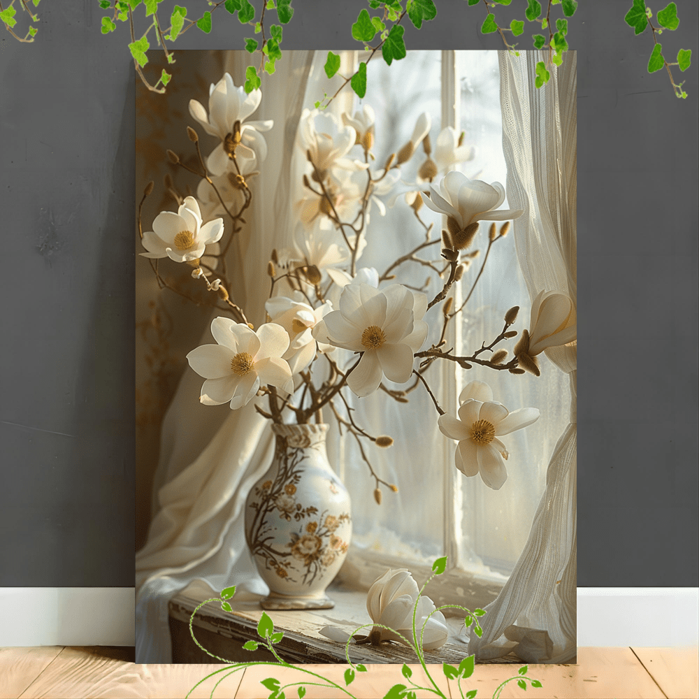 

1pc Wooden Framed Canvas Painting Artwork Very Suitable For Office Corridor Home Living Room Decoration Suspensibility White Magnolias In Ornate Vase, Soft Lighting, Vintage Window, Elegant And Serene