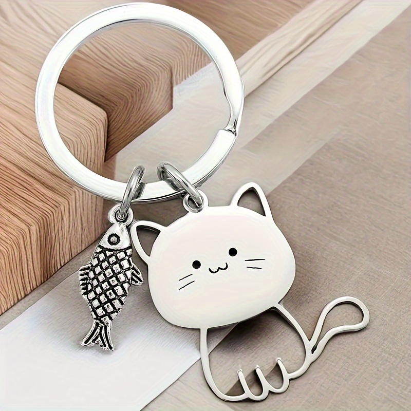 

Cute Cat And Fish Stainless Steel Keychain - Perfect For Valentine's Day - Single Keyring - Women's Fashion Accessory