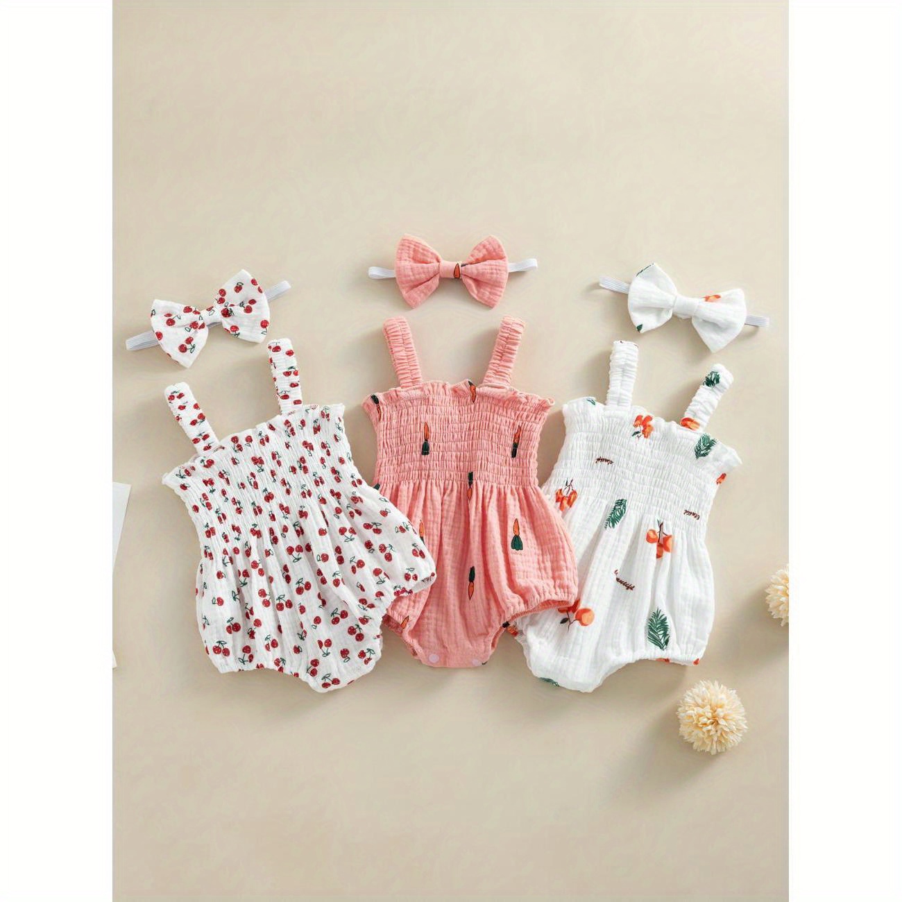 

Baby Girl 2pcs Summer Sweet Outfits, Sleeveless Cherry/carrot/tree Print Elastic Romper With Headband