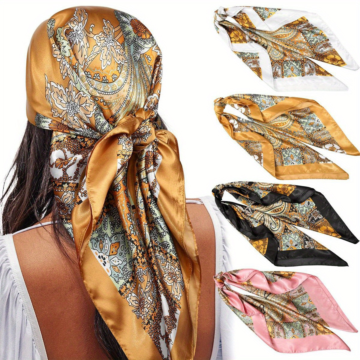 

4pcs/set 90cm Large Head Square Paisley Pattern Printing Hair Wrapping Scarves Headwear For Women Headscarf Headdress Scarf Top Bandanas