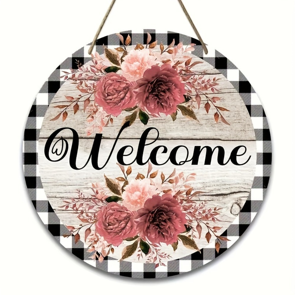 

Welcome Floral Wreath Wood Sign Round Wooden Art Board For Front Door, Home Decor, Outdoor Porch & Farmhouse Decoration, Craft Hanging Plaque With Checkered Pattern