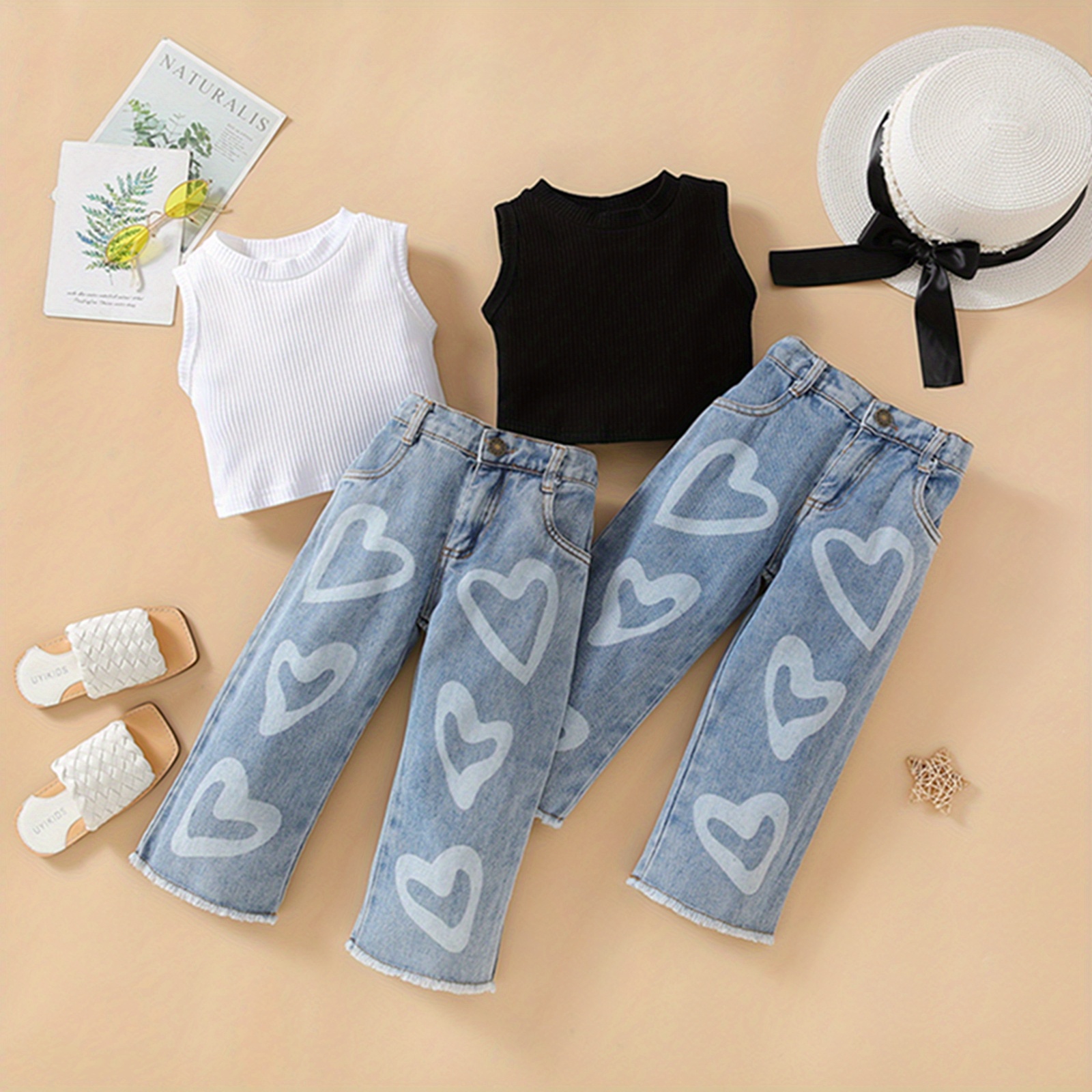 

Kids Girls Summer Clothes Suits Solid Color Ribbed Sleeveless Tank Tops And Heart Print Jeans Denim Pants 2pcs Suit