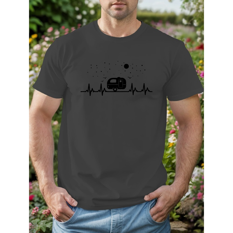 

Camping Heartbeat Trailer Men's Short Sleeve T-shirt, Machine Washable Casual Summer Knit Top