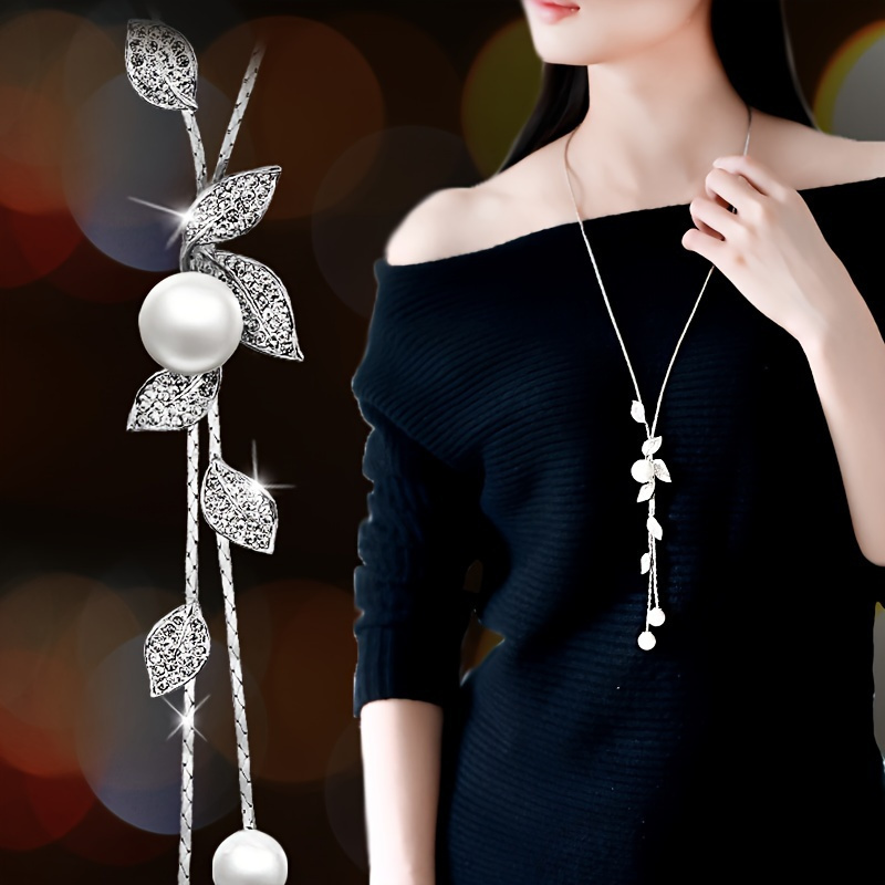 

1pc Imitation Pearl Leaf Tassel Lariat Necklace Elegant Style Y Shape Long Necklace Sweater Chain Jewelry