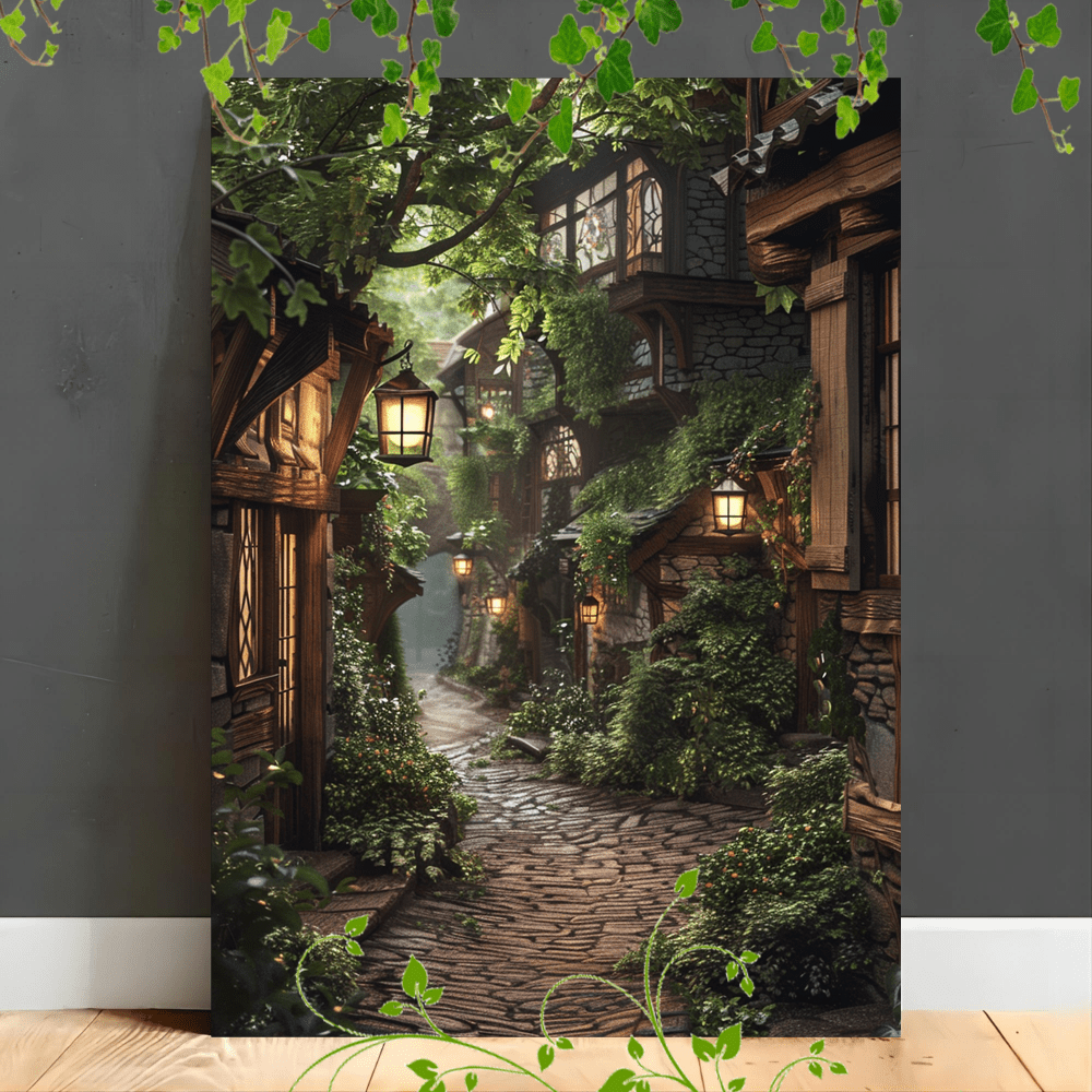 

1pc Wooden Framed Canvas Painting Artwork Very Suitable For Office Corridor Home Living Room Decoration Suspensibilitycharming Village Street, Cobblestone Path, Lanterns, Greenery, Cozy Atmosphe