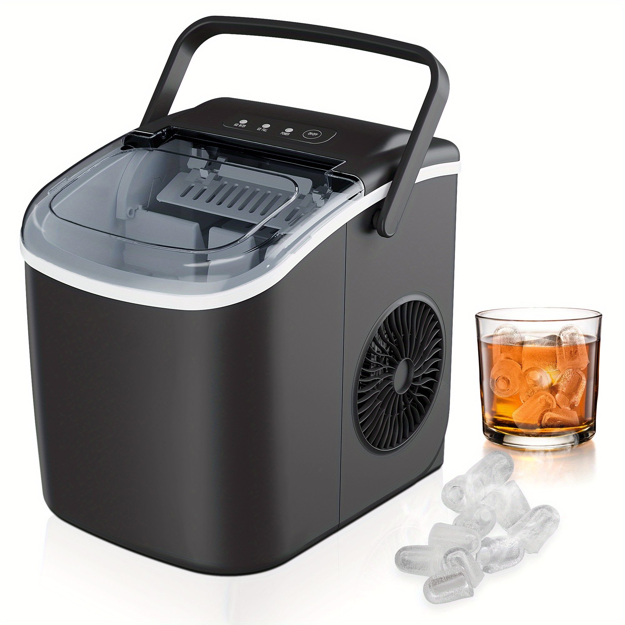

Portable Countertop Ice Maker With Handle, Produces 26lbs Of Ice In 24hrs, 9 Ice Cubes Ready In 6 Mins, Features Auto-cleaning, Includes Basket And Scoop, Ideal For Home, Kitchen, Camping, Rv - Black.