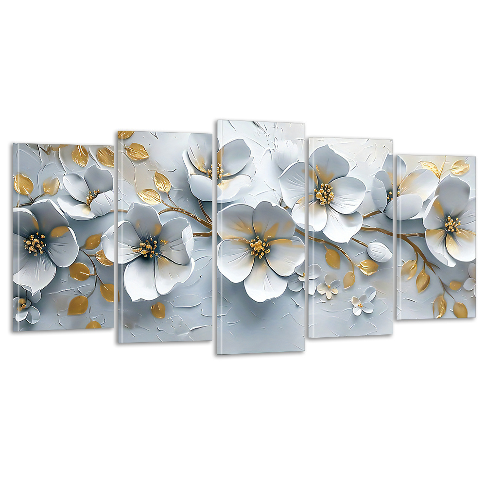 

5pcs Framed White Floral Canvas Art Set - Jasmine & Blooming Flowers Wall Decor For Living Room, Bedroom, Cafe - Modern Coastal Style Home Aesthetic