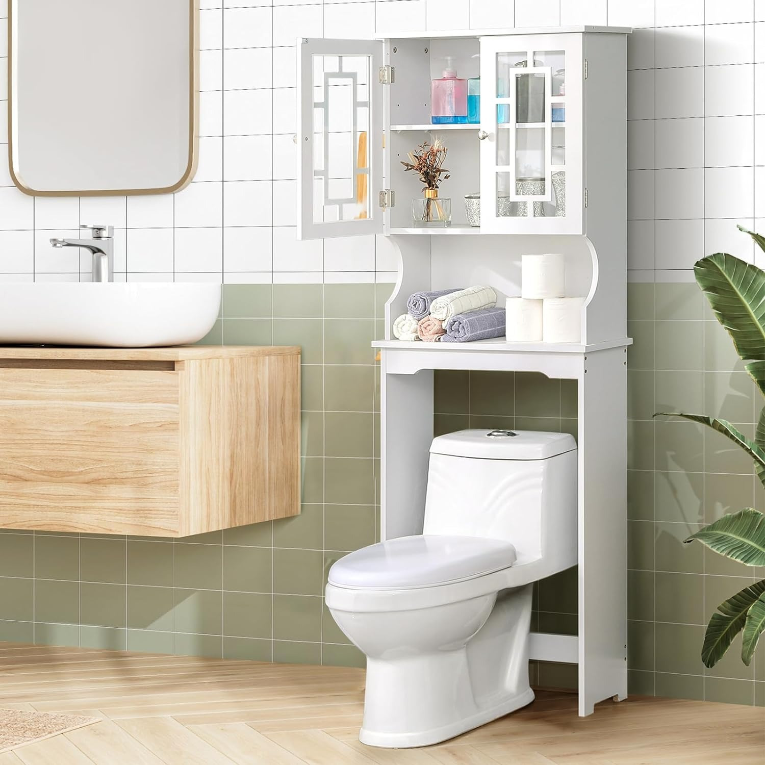 

Over-the-toilet Storage, Wooden Bathroom Organizer, With 2 Glass Doors & Adjustable Shelf, Over Toilet Cabinets For Bathroom, 67.1''l X 23.6''w X 8.5''h