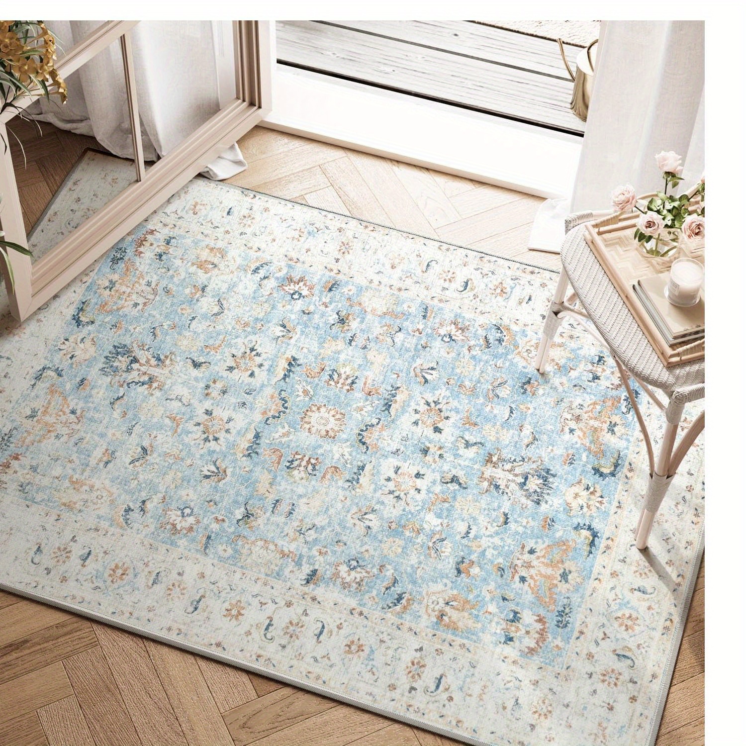 

Collact Area Rug Machine Washable Rug - Entryway Doormat Floral Low Pile Boho Vintage Thin Throw Rug Non-slip Non-shedding Mat For Bathroom, Kitchen, Front Door, Blue Multi