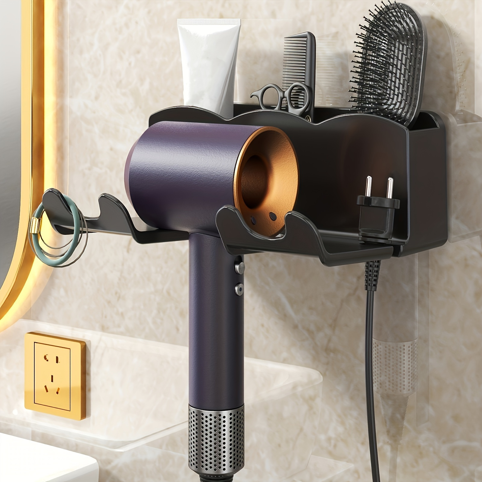 

1pc Wall Mounted Hair Dryer Bracket, For Bathroom Shelves Without Drilling, Hair Dryer Bathroom Storage Rack