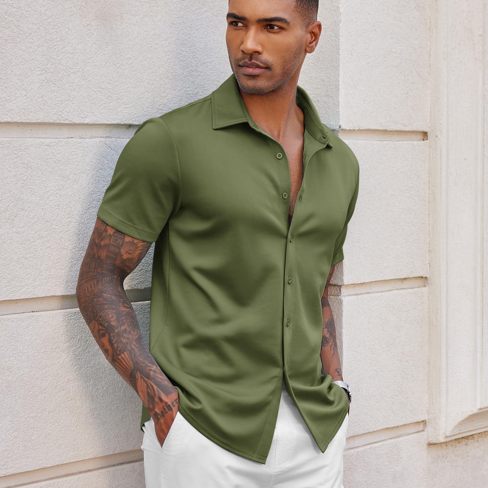 

Mens Casual Wrinkle Free Shirts Short Sleeve Button Down Summer Stretch Dress Shirt