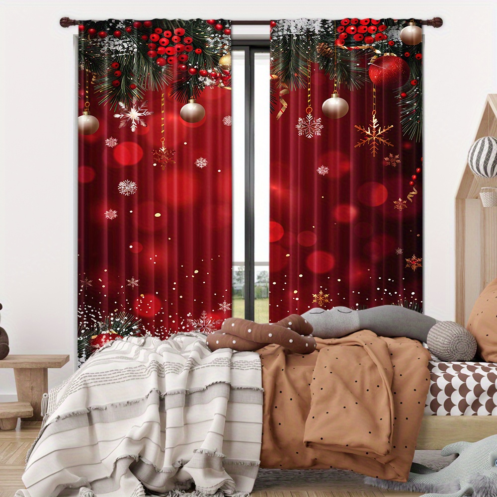 

2pcs Set Christmas Curtains & - Rod , Printed Polyester Drapes For , , , Study, And Dining Decor