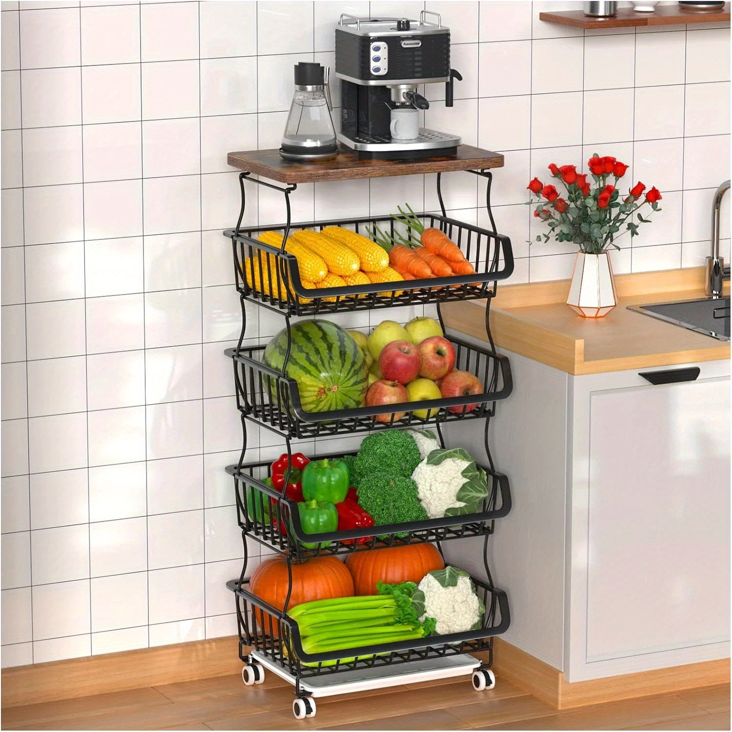 

5 Tier Fruit Basket For Kitchen Organizers And Storage, Stackable Metal Wire Basket Stand Cart With Wheels For Fruit Vegetable, Standing Shelf