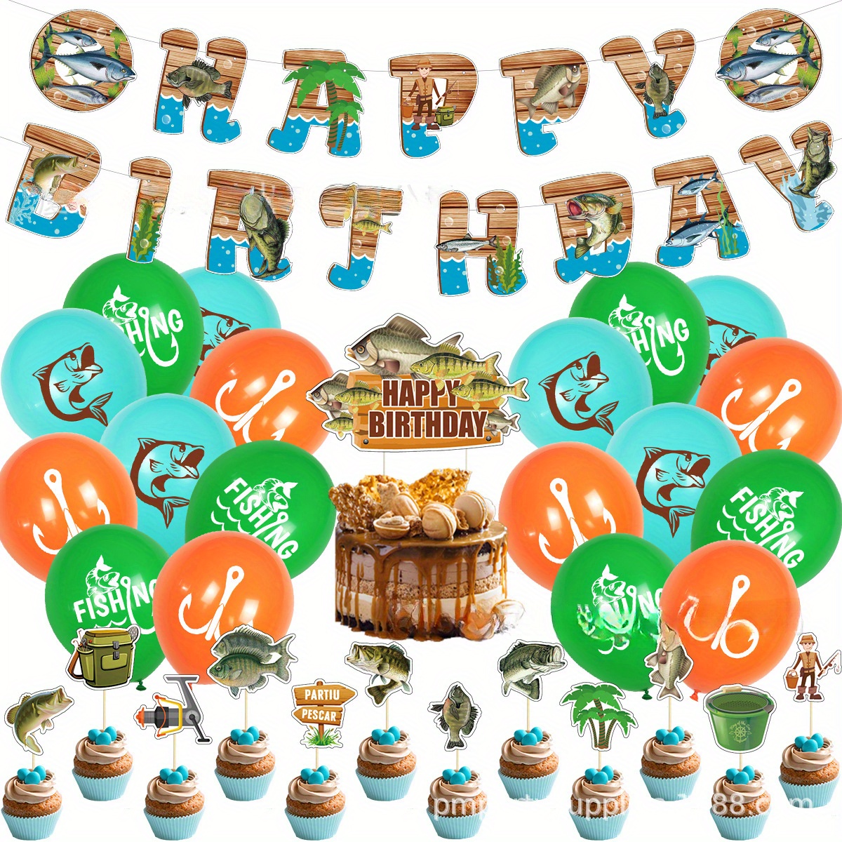 

Fishing Theme Birthday Party Background Decoration Set Pull Flag Cake Insert Flag Hanging Card Latex Balloon Insert Plaque