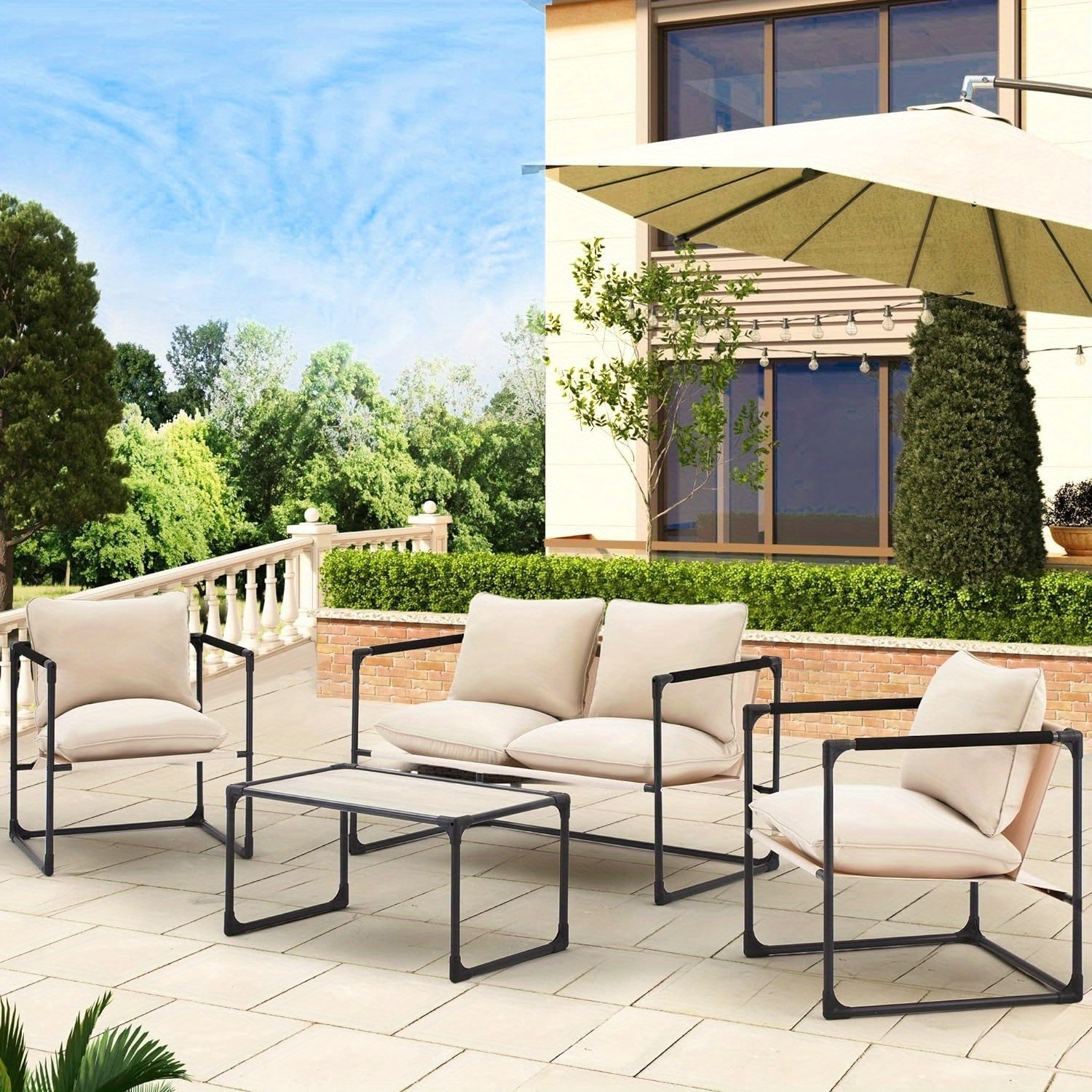 

Patio Furniture Set 4-piece Outdoor Patio Set With Water-resistant Cushion And Coffee Table, Outside Metal Patio Conversation Set For Balcony, Porch, Lawn, And Backyard