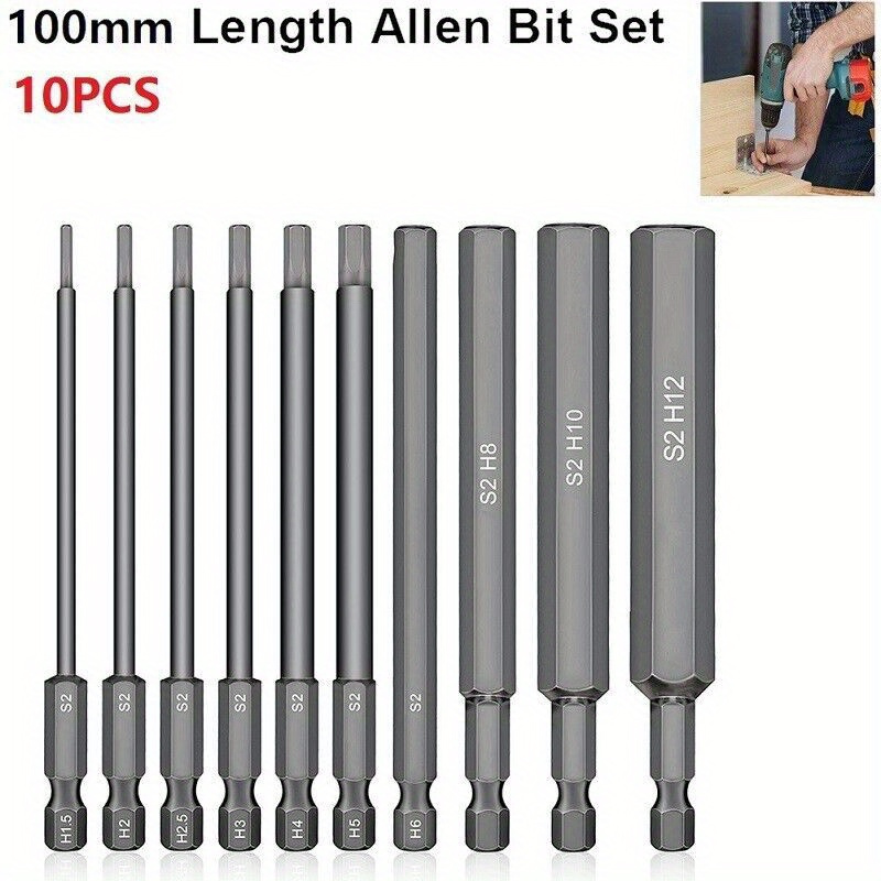 

10pcs Metric Hex Head Allen Wrench Drill Bit Set With Quick Release 1/4" Shank, Magnetic & Durable S2 Alloy Steel Bits