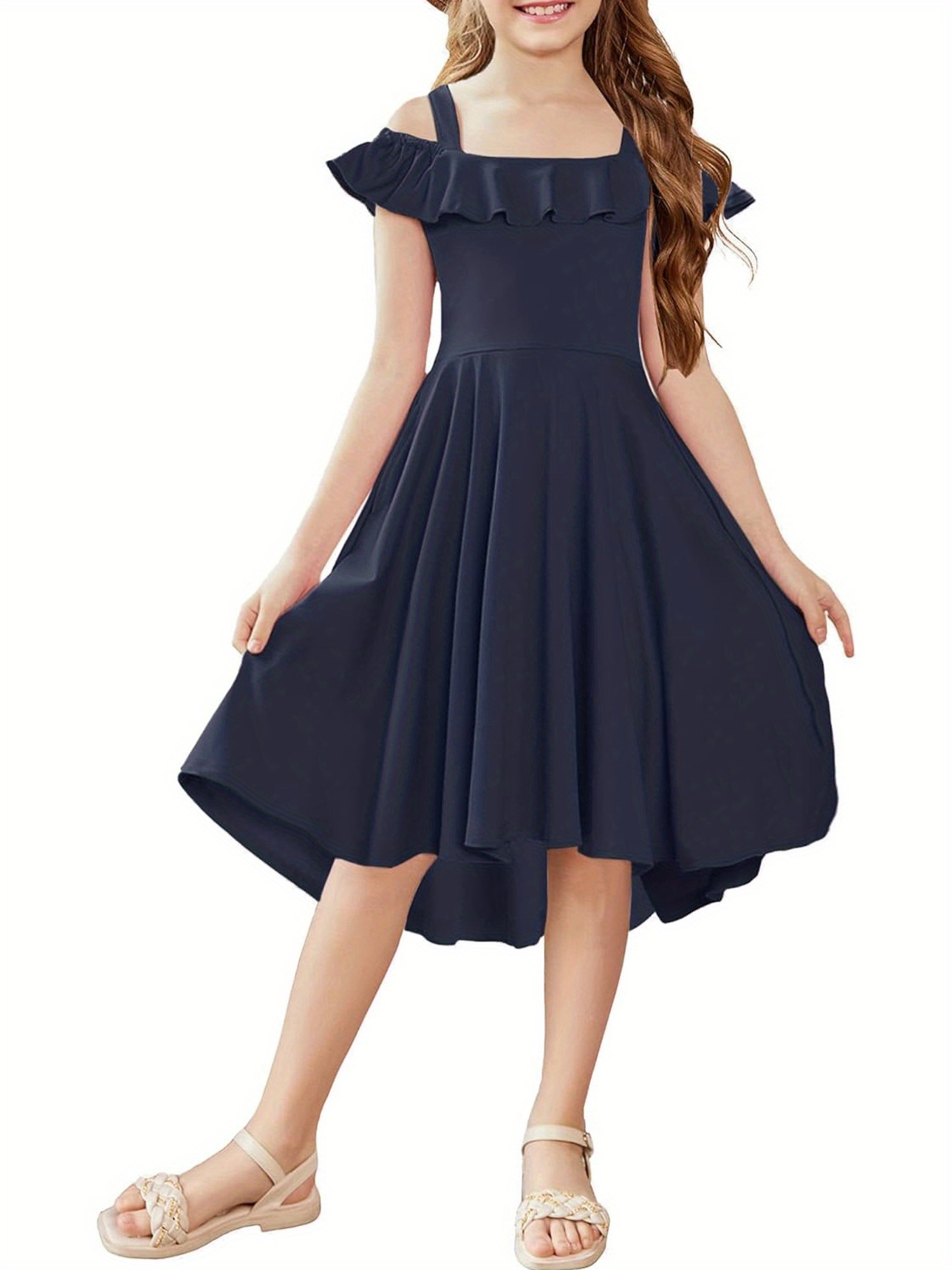 girls summer dress shoulder flutter sleeve midi swing - Temu