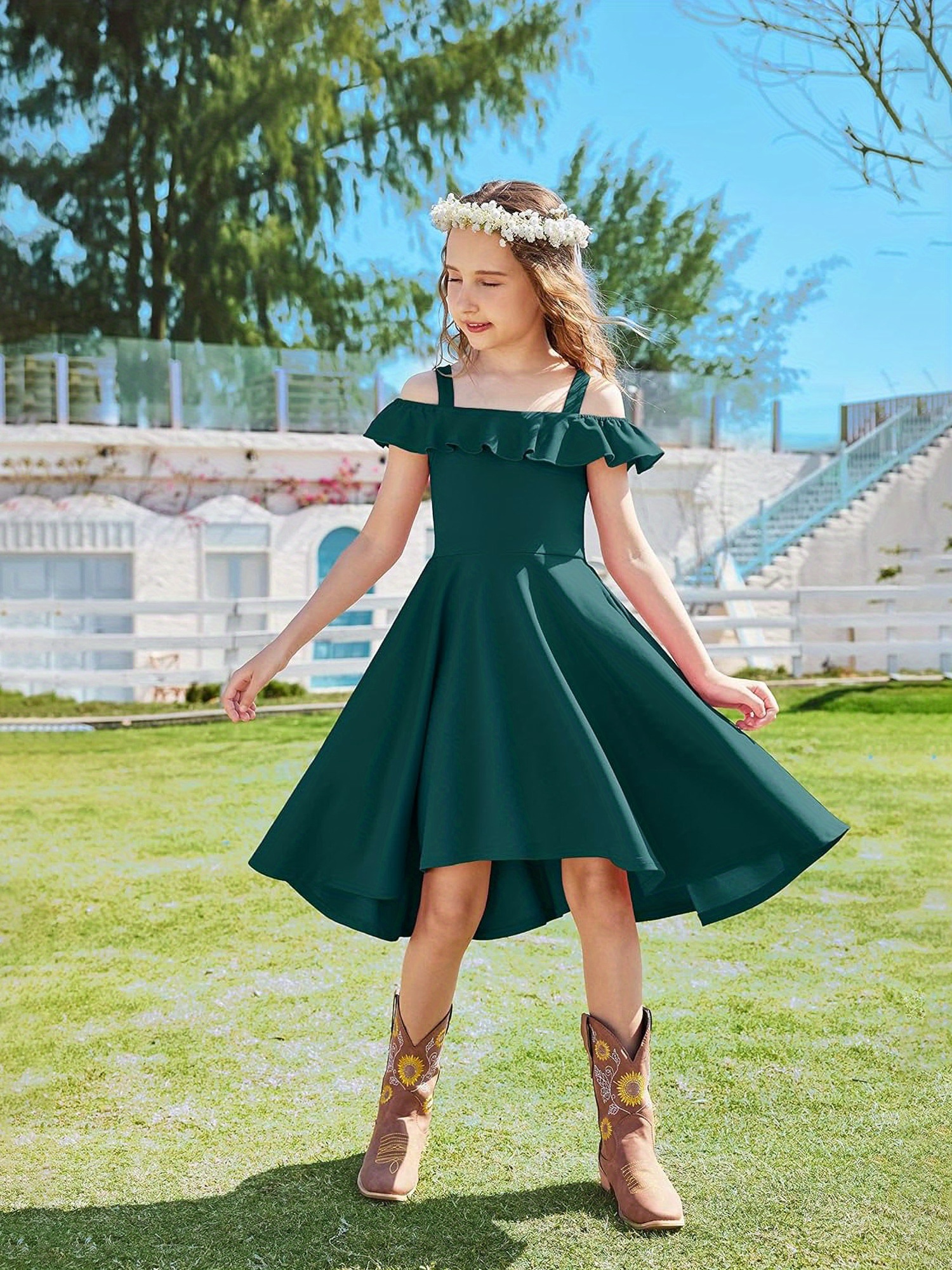 girls summer dress shoulder flutter sleeve midi swing - Temu