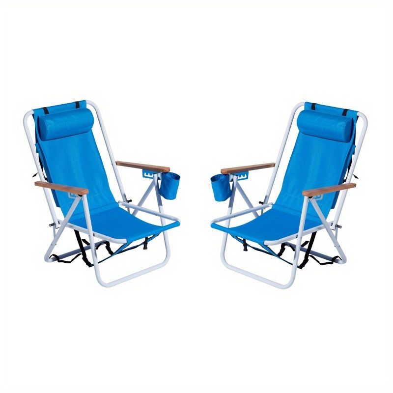 

Folding Beach Chair Set Of 2 For Adults, 4 Position Portable Backpack Foldable Camping Chair With Headrest Cup Holder And Wooden Armrests, Blue