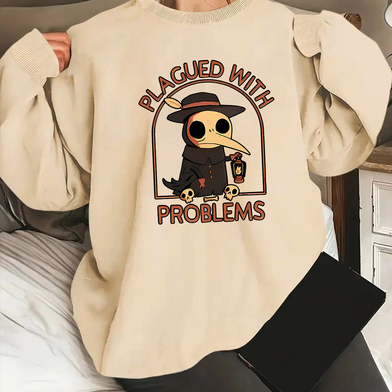 

Women's Casual Long Sleeve Crew Neck Sweatshirt With Cartoon Plague Doctor & Letter Print, Sportswear For Fall & Winter, Outdoor Wear