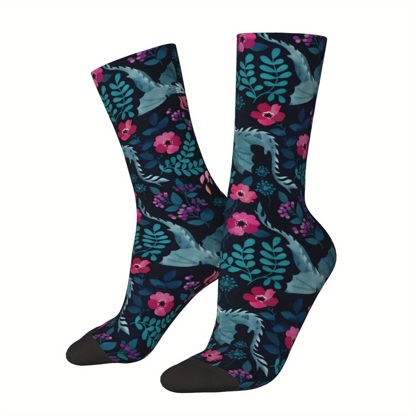 

1 Pair Of Unisex Vintage Style Novelty Dragons Floral In Dark Pattern Crew Socks, Trendy 3d Digital Printed Men Women Socks, Crazy Funny Socks For Gifts