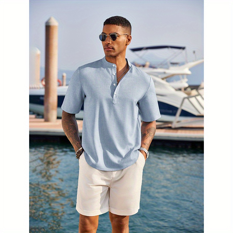 

Men's Casual Short Sleeve Henley Shirt - Soft , Band Collar, Half-button , & Hippie Style, Grey