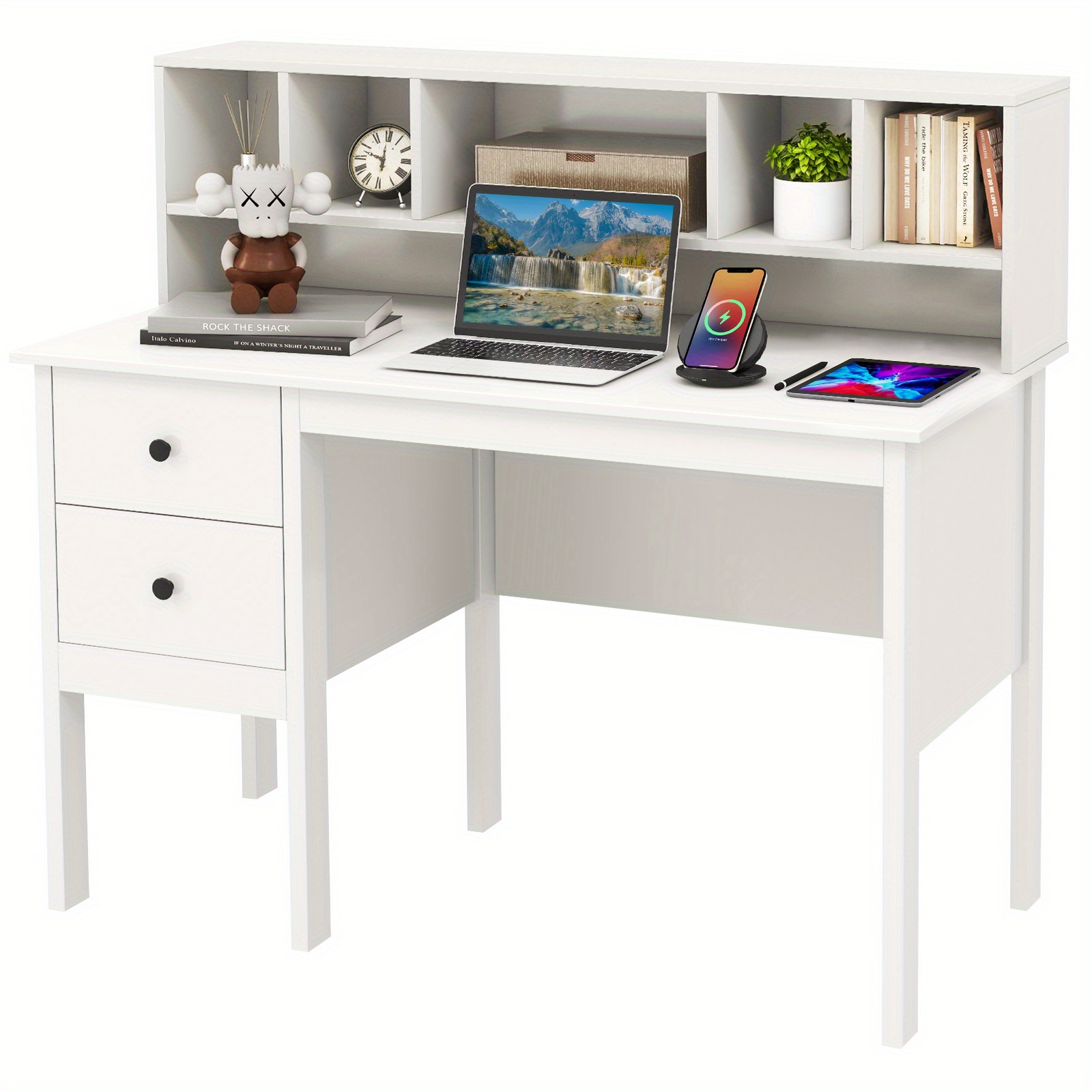 Image of Desk With 2 Drawers And 5 Compartments, Computer Desk Office Desk 120x60x110cm White