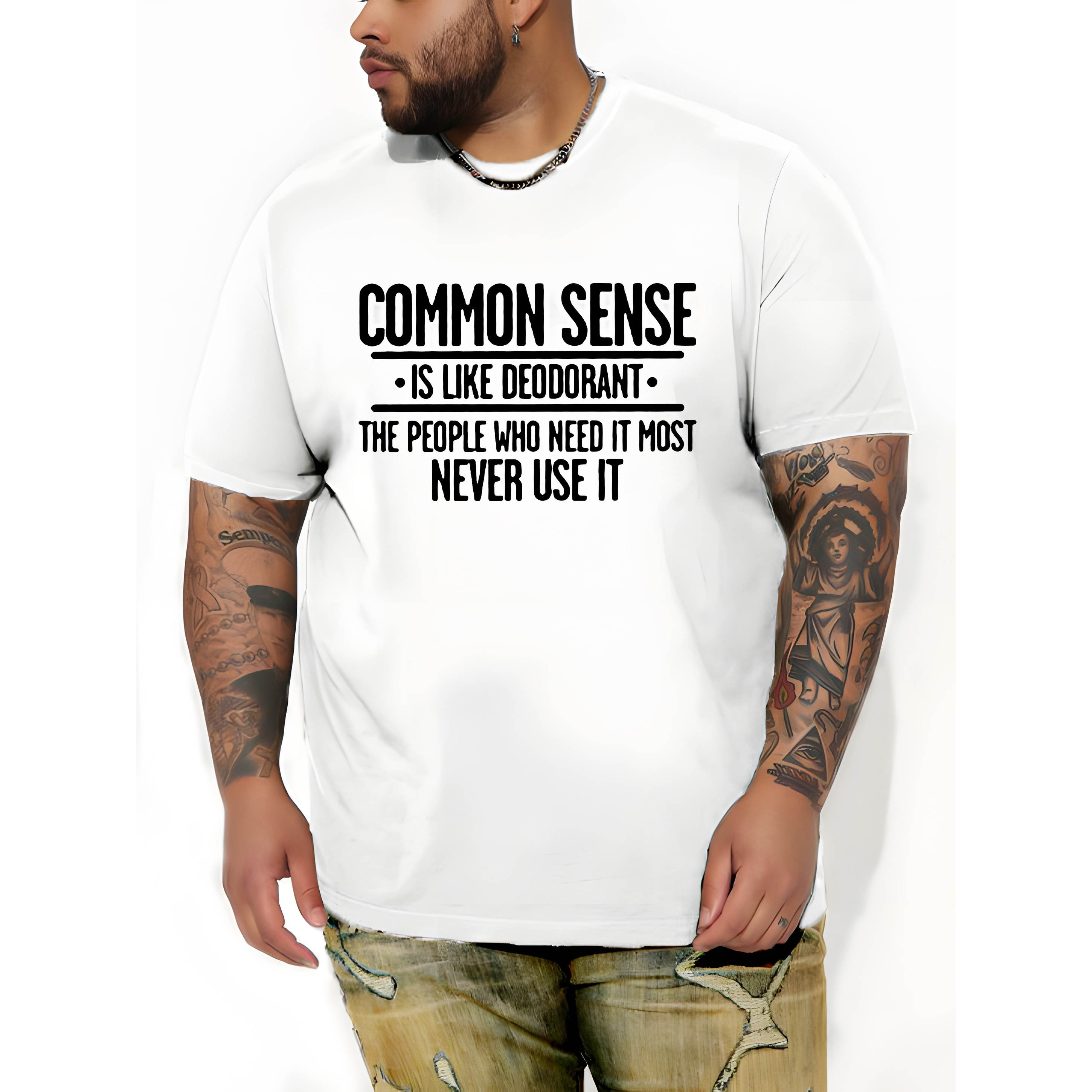 

Common Sense Print Men's Crew Neck Short Sleeve Plus Size T-shirt, Trendy Versatile Tee For Daily Wear