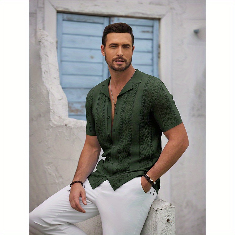 

Men' Knit Button- Shirt - Short Sleeve, Light Gray, Casual Summer Beachwear, Polyester , , Regular Fit, Hand Wash Or , Beach Shirt