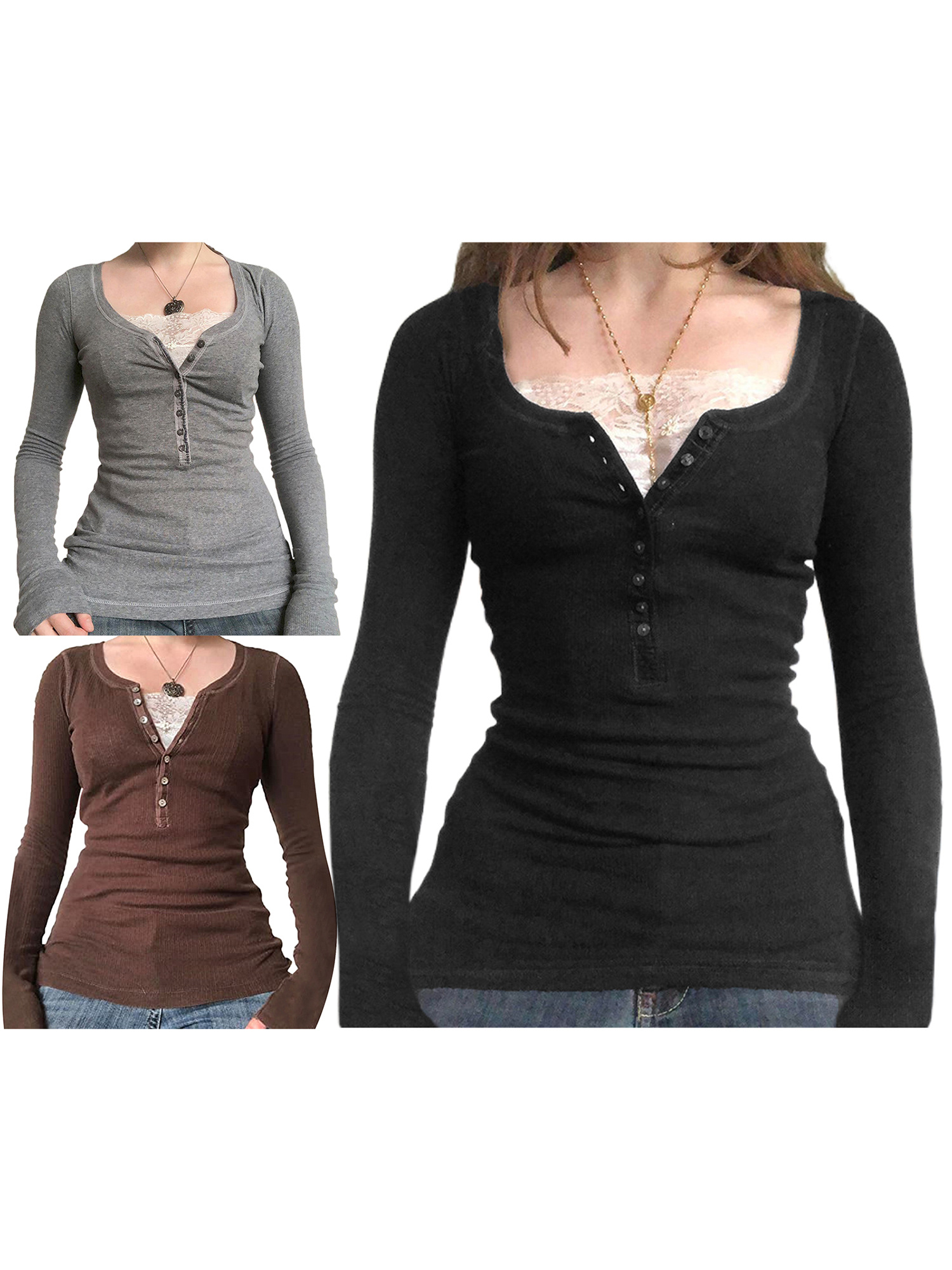 women y2k long sleeve vintage lace 1 2 button - Temu