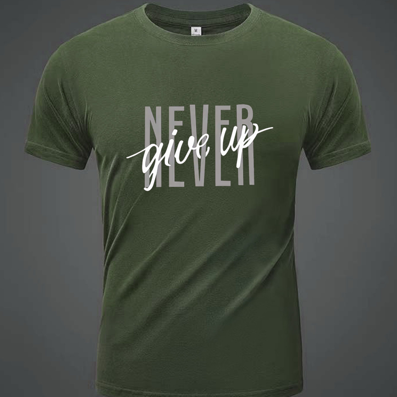 

Men's Cotton T-shirt, Casual Style, Crew Neck, Never Give Up Print, Comfortable, All-season Wear, Regular Fit, Pullover