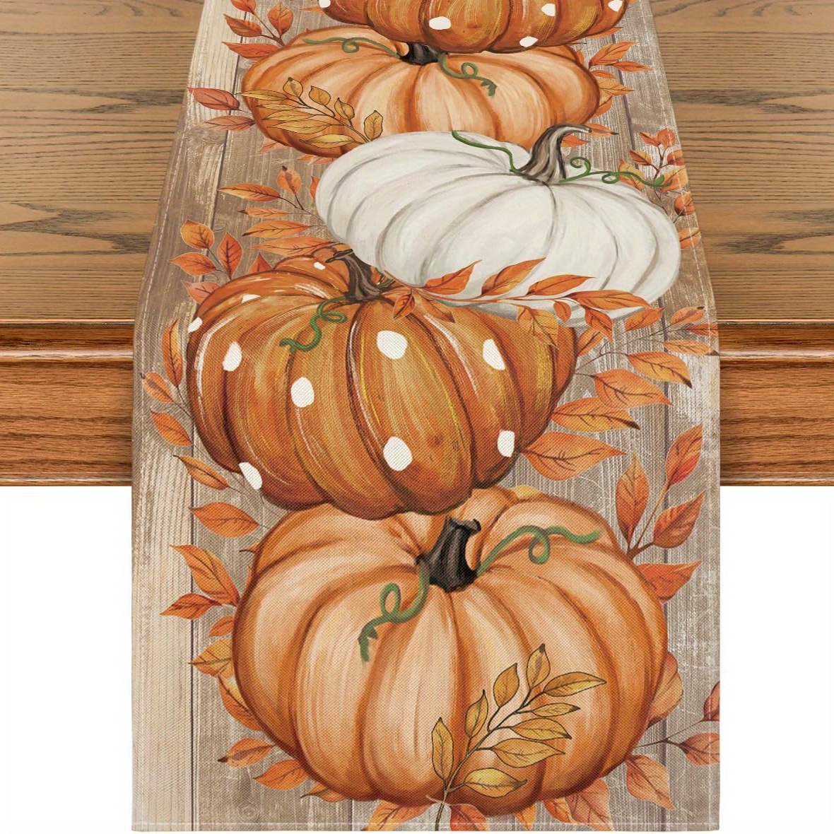 TEMU 1pc Autumn Pumpkin & Eucalyptus Wood Table Runner - Orange Polka Dot Fall Decor With Realistic Pumpkins And Leaves, 13x72 Inch, Perfect For
