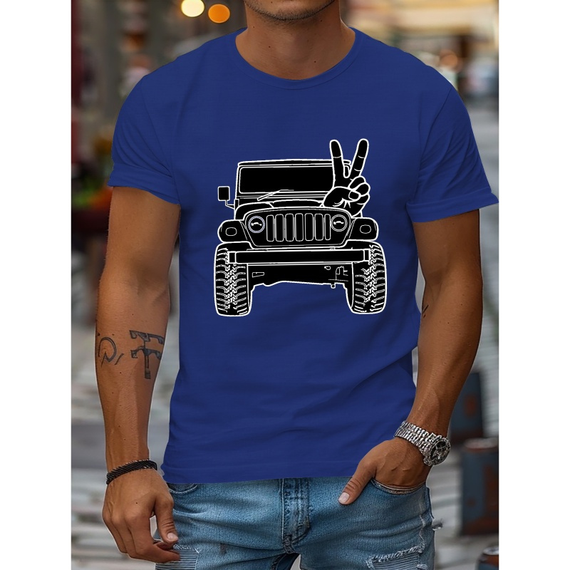 

Men's Casual Versatile Summer T-shirt - Retro Off-road Car & Gesture Print Short Sleeve Crew Neck Tees As Gift
