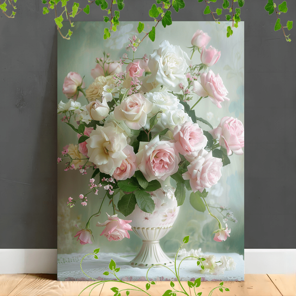 

1pc Wooden Framed Canvas Painting Vase Of Pink And White Roses, Green Foliage, Delicate Flowers, Soft Pastel Background, Elegant Arrangement