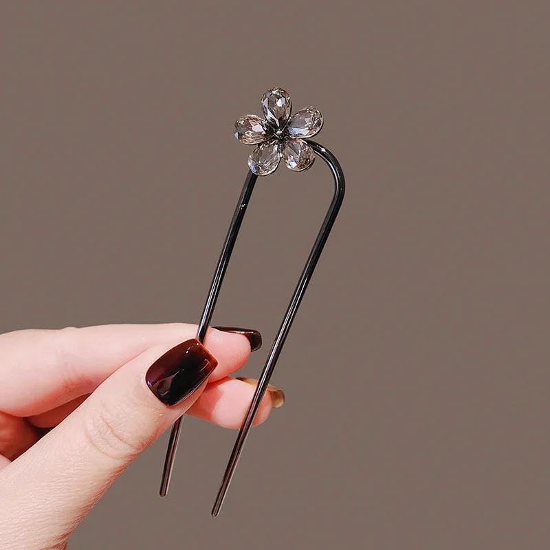 Image of Elegant Rhinestone Flower U-shaped Hairpin For Women, Simple Black Color Hair Sticks, Accessories