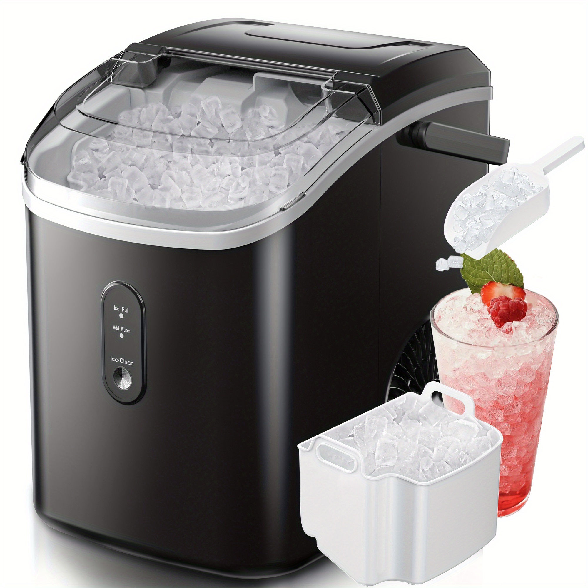

Countertop With Handle, 34lbs/24h Production, Ready In 6 Mins, Features Removable Top Cover And Auto-cleaning, Portable Ice Maker With Basket And Scoop.