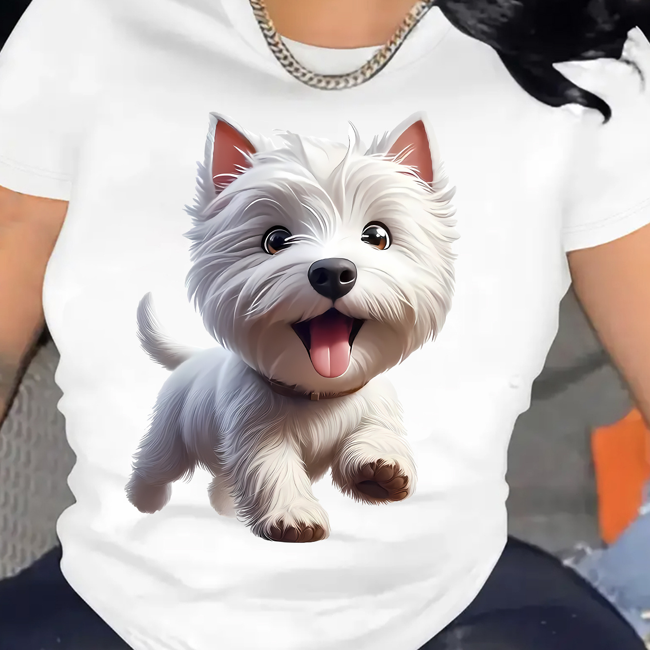 

Cute West Highland White Terrier Graphic Tee For Women - Casual Crew Neck T-shirt With Polyester And Spandex Blend, Comfortable Medium Stretch Knit Fabric, Ideal For All Seasons