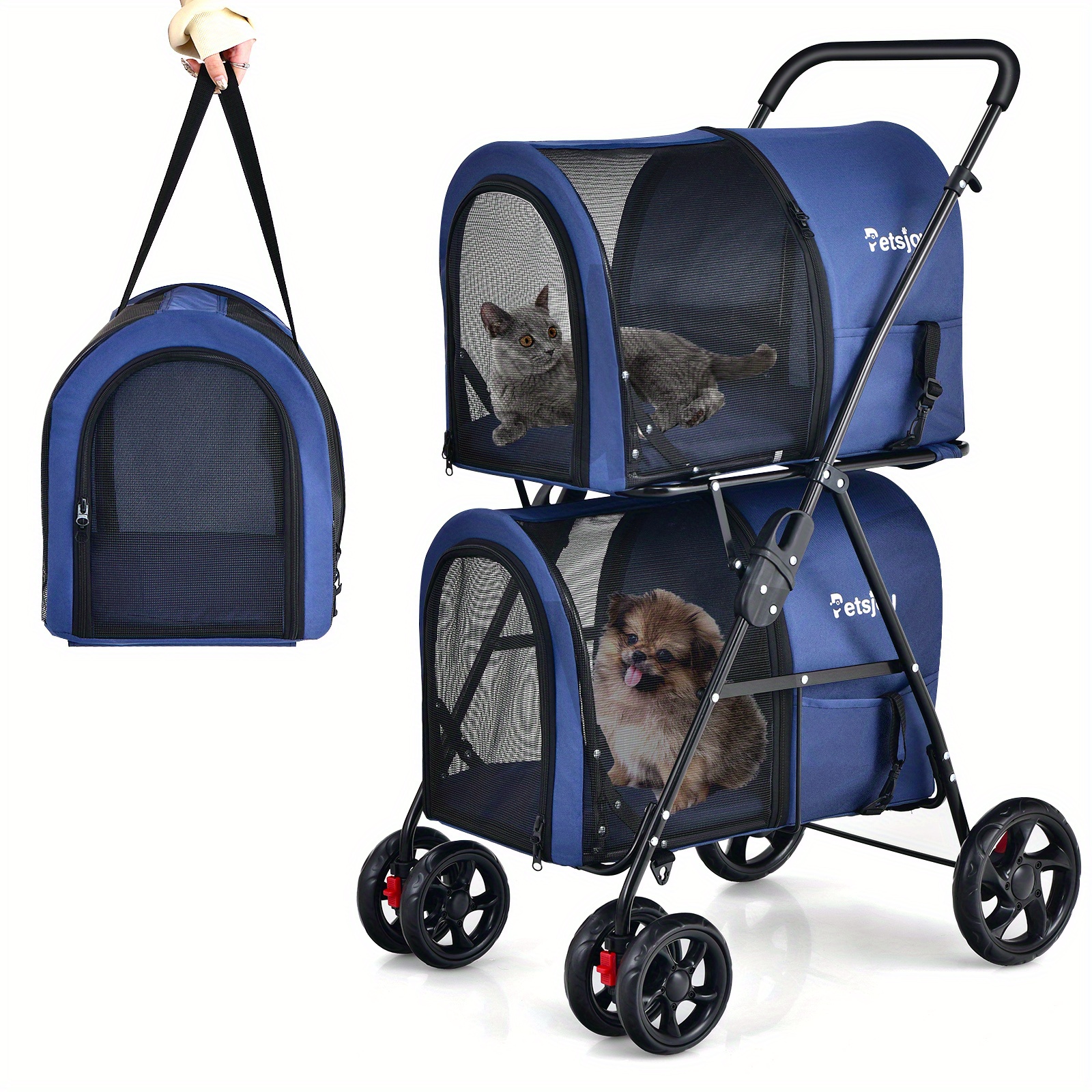 

Maxmass Double Pet Stroller W/ Detachable Carrier Travel Carriage For Cats Blue