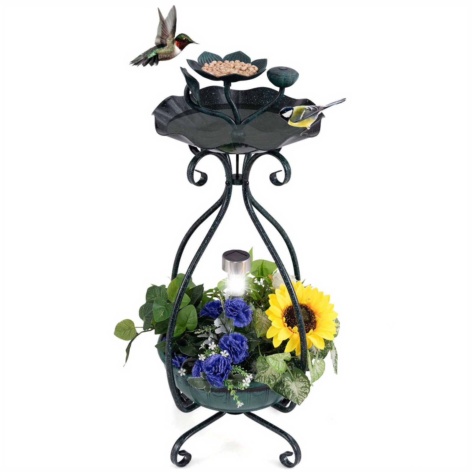 

Maxmass Solar Outdoor Bird Bath & Feeder Combo W/ Flower Planter Pedestal & Solar Lights